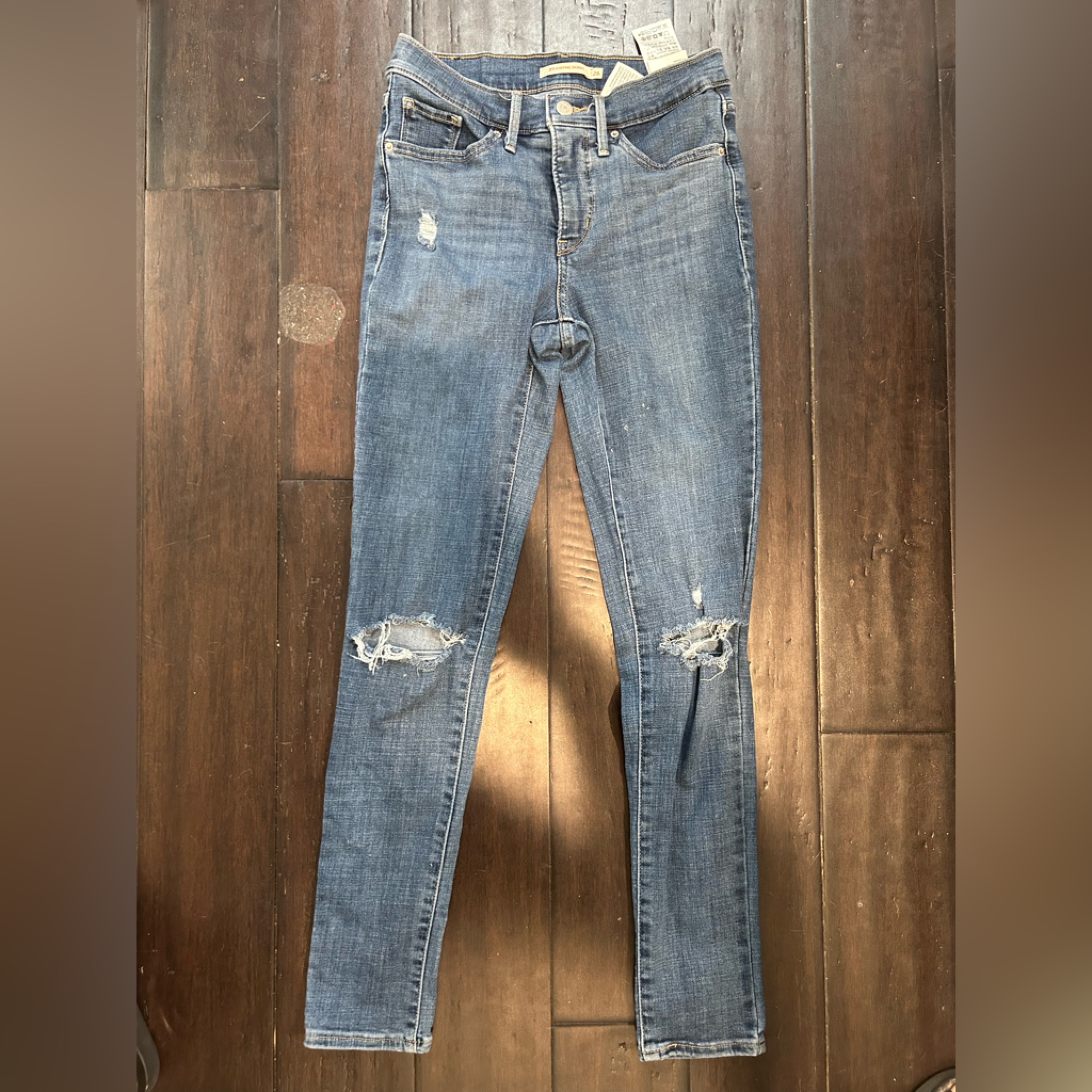Levi's 311 Shaping Skinny 26 Classic Blue Denim Jeans Ripped Freyed Distressed